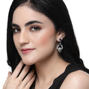 Rhodium-Plated Navy Blue & White American Diamond studded Floral Shaped Drop Earrings