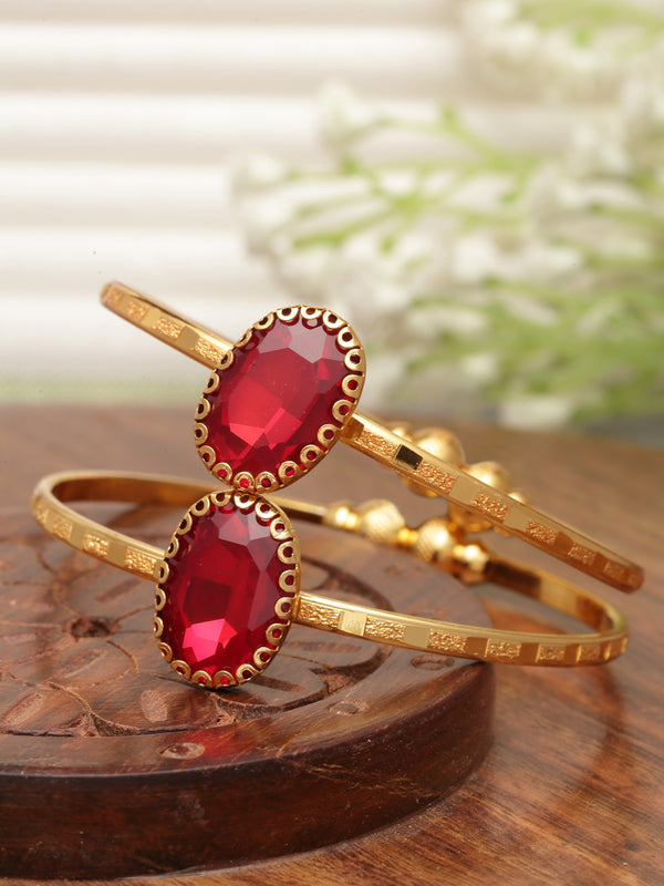Gold-Plated Round Shaped Red American Diamond studded Handcrafted Kada Bracelets (Set Of 2)