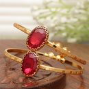 Gold-Plated Round Shaped Ruby Red Cubic Zirconia Stone Studded Bangle Bracelets (Set Of 2)