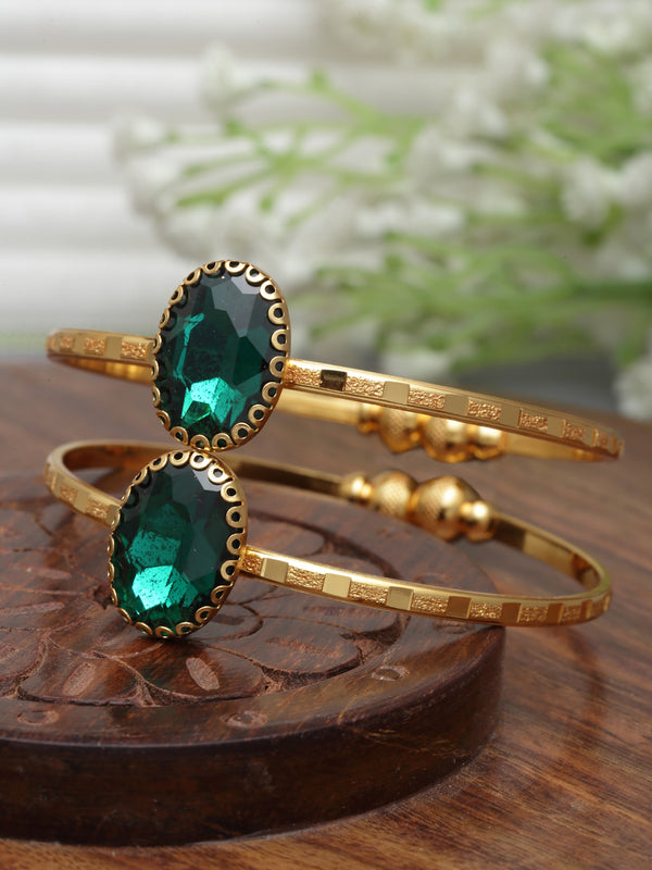 Gold-Plated Round Shaped Green American Diamond studded Handcrafted Cuff Bracelets (Set Of 2)