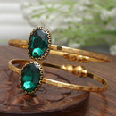 Gold-Plated Round Shaped Emerald Green Cubic Zirconia Stone Studded Bangle Bracelets (Set Of 2)