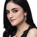 Rhodium Plated Square Pink American Diamond Contemporary Long Drop Earrings