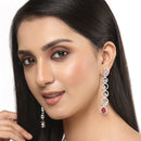 Rhodium-Plated Silver Toned Red & White American Diamond studded Circular Shaped Drop Earrings