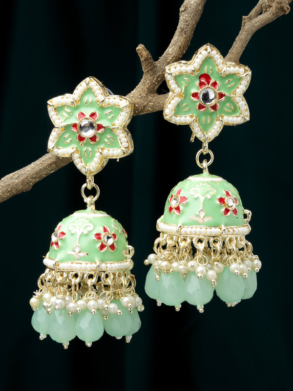 Gold-Plated Sea Green & White Kundan-Pearls studded Star Shaped Enamelled Jhumka Earrings
