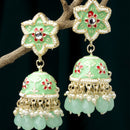 Gold-Plated Sea Green & White Kundan-Pearls studded Star Shaped Enamelled Jhumka Earrings
