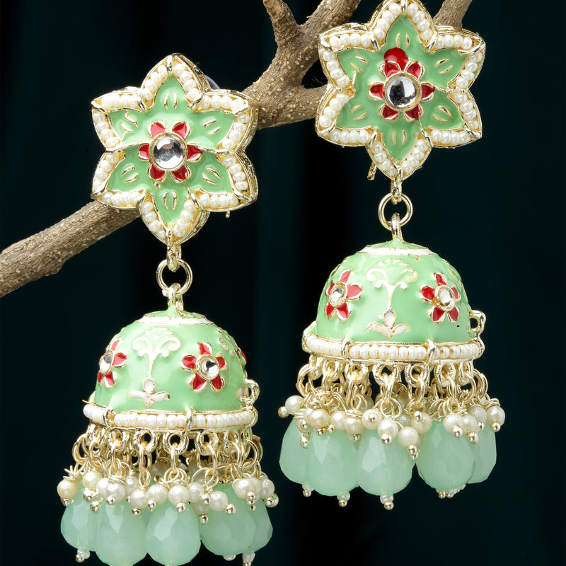 Gold-Plated Sea Green & White Kundan-Pearls studded Star Shaped Enamelled Jhumka Earrings