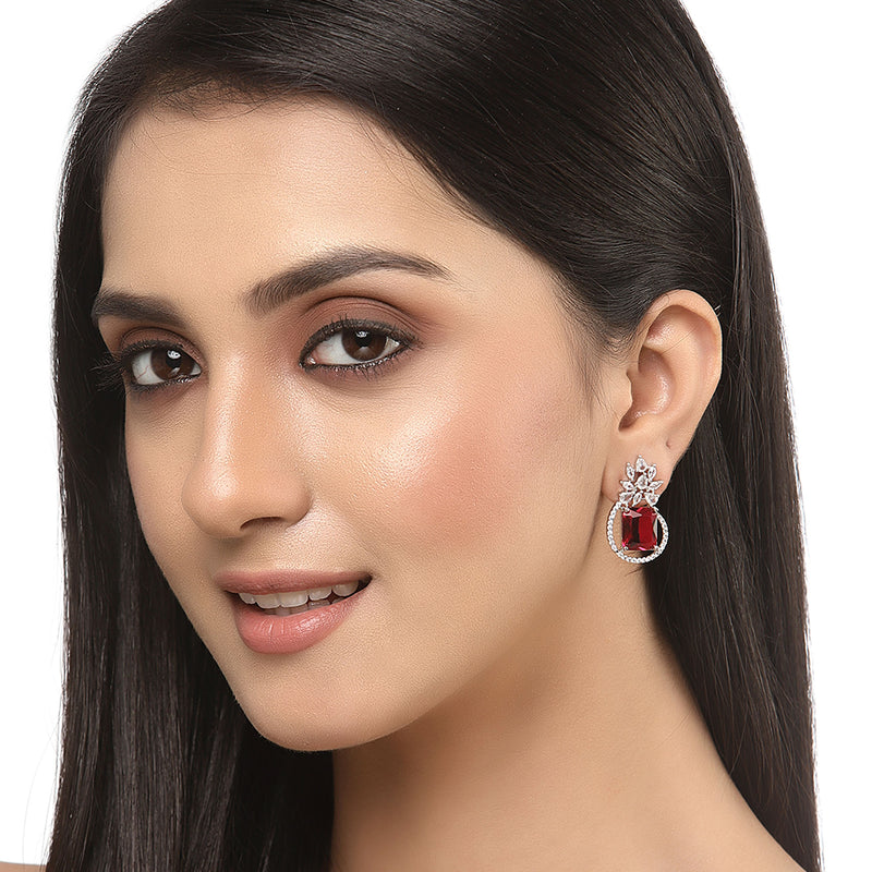 Rhodium-Plated Silver Toned American Diamond studded Paisley Shaped Studs Earrings