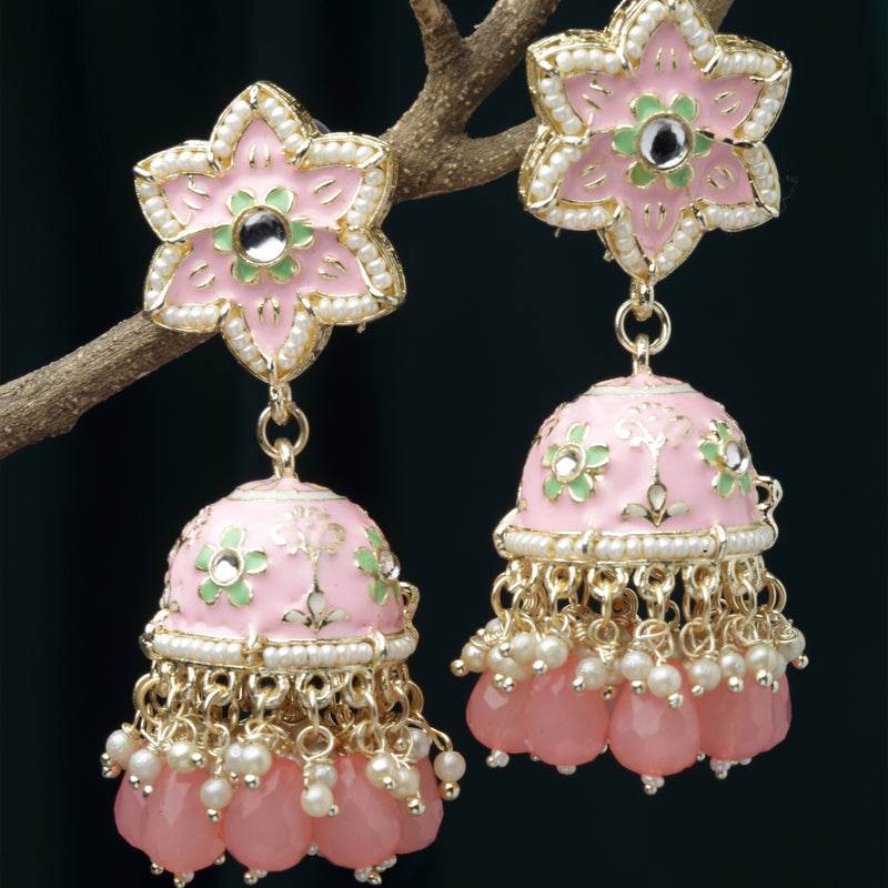 Gold-Plated Peach & White Kundan-Pearls studded Star Shaped Enamelled Jhumka Earrings