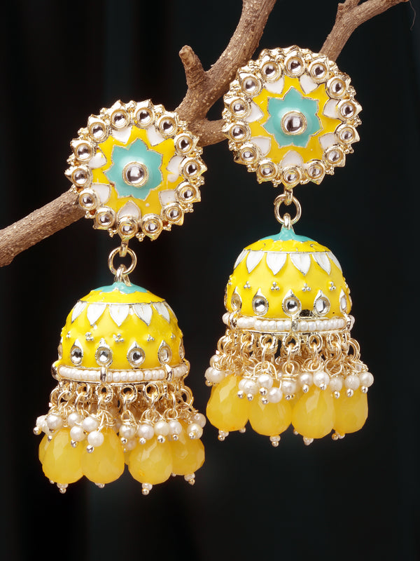 Gold-Plated Yellow Kundan & White Pearls studded Dome Shaped Handcrafted Jhumka Earrings