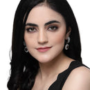 Rhodium-Plated Red American Diamond studded Handcrafted Oval Shaped Drop Earrings