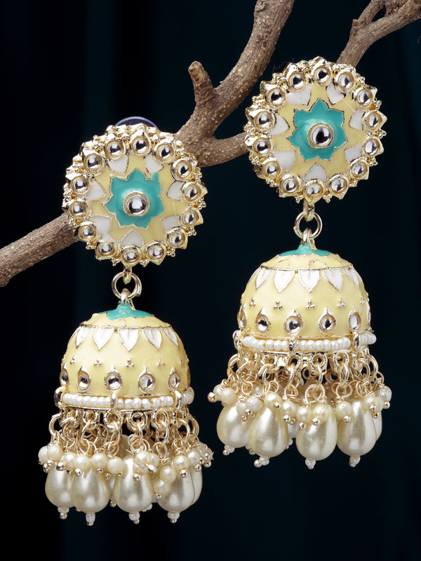 Gold-Plated Cream Kundan & White Pearls studded Dome Shaped Handcrafted Jhumka Earrings