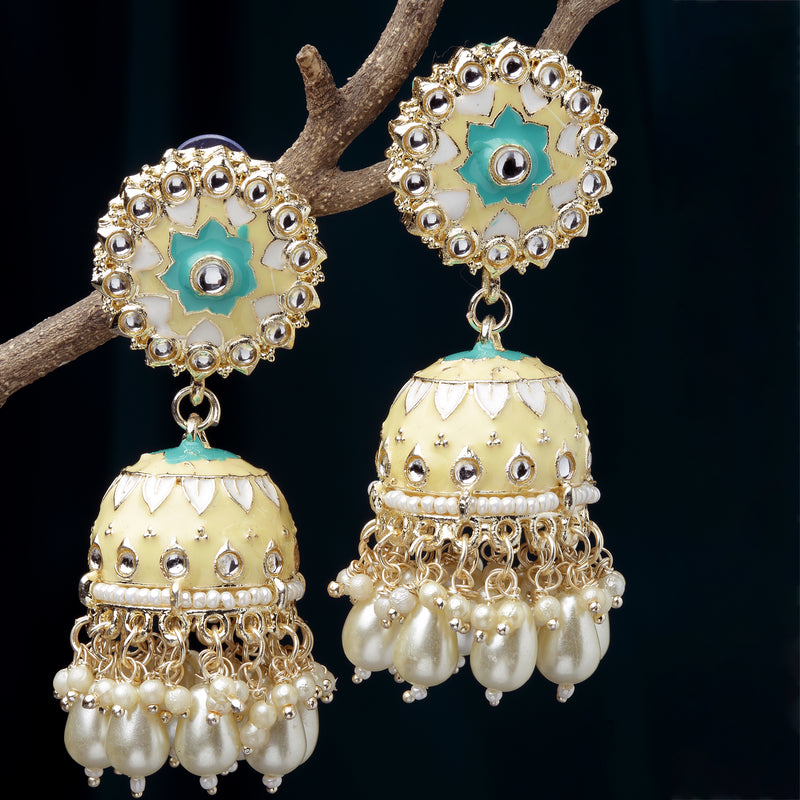 Gold-Plated Cream Kundan & White Pearls studded Dome Shaped Handcrafted Jhumka Earrings