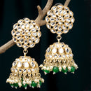 Gold-Plated Green Kundan & White Pearls studded Flower Shaped Vilandi Jhumka Earrings