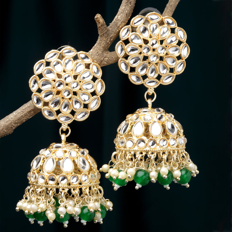 Gold-Plated Green Kundan & White Pearls studded Flower Shaped Vilandi Jhumka Earrings