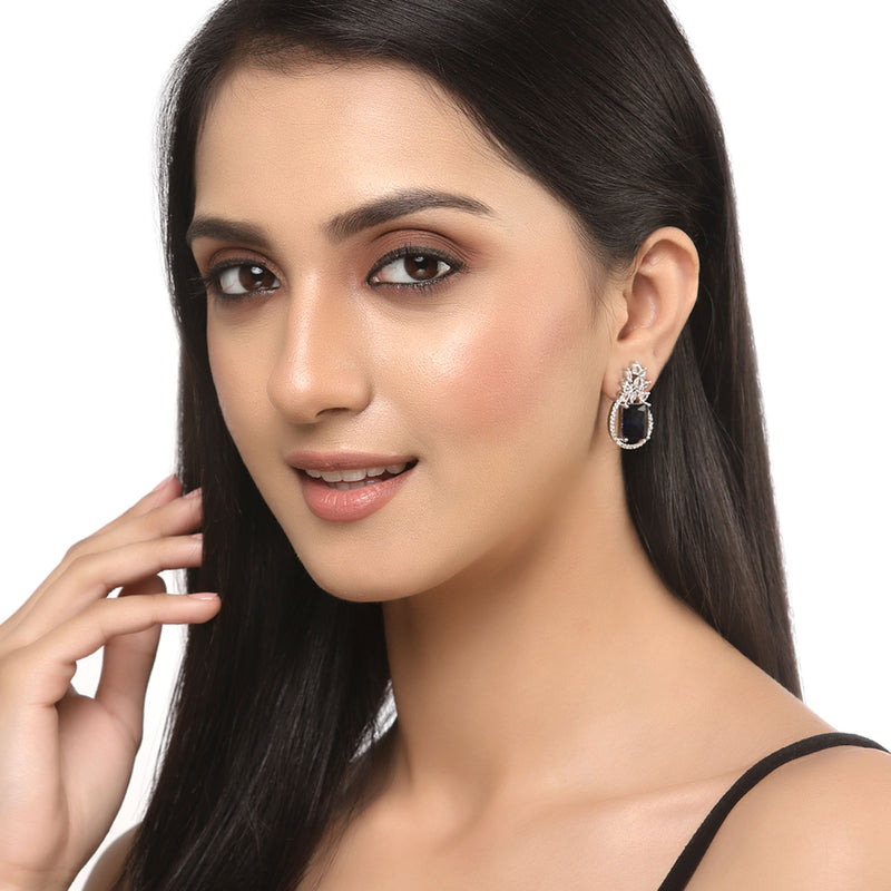 Rhodium-Plated Silver Toned American Diamond studded Paisley Shaped Studs Earrings