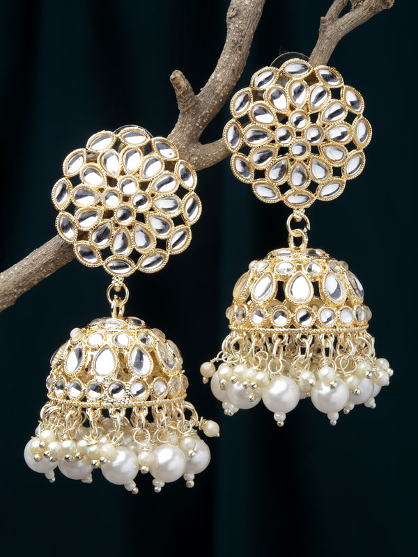 Gold-Plated White Kundan & White Pearls studded Flower Shaped Vilandi Jhumka Earrings