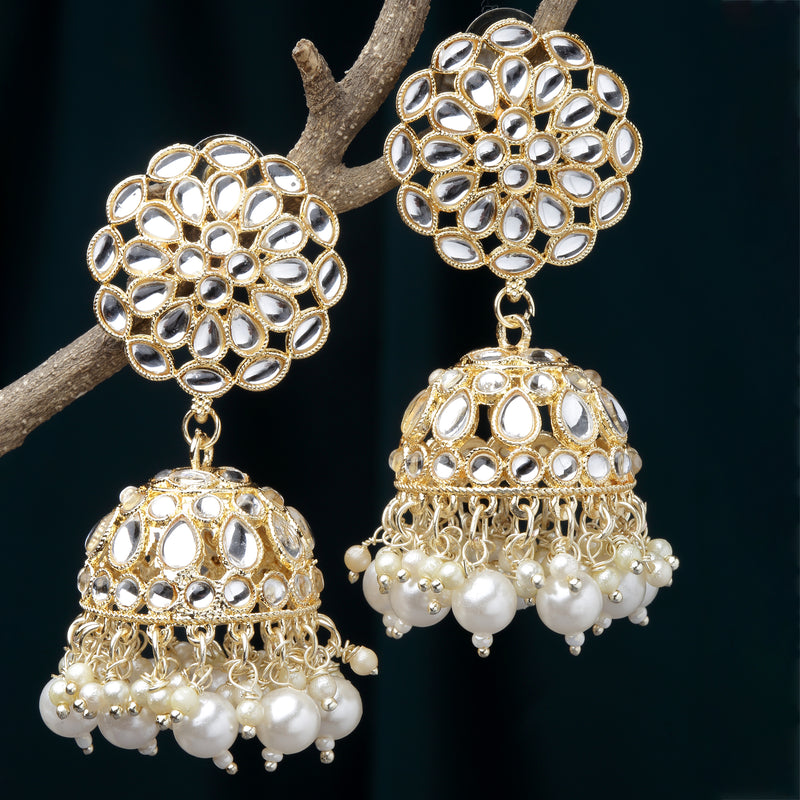 Gold-Plated White Kundan & White Pearls studded Flower Shaped Vilandi Jhumka Earrings