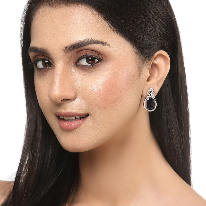 Rhodium-Plated Silver Toned American Diamond studded Paisley Shaped Studs Earrings