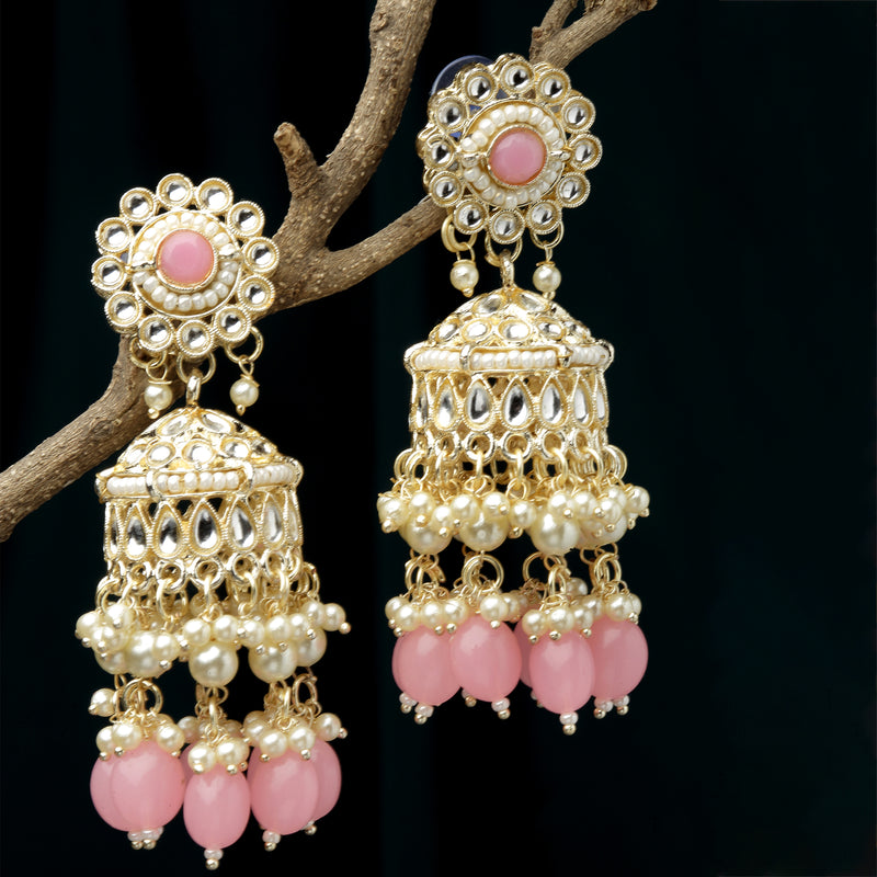 Gold-Plated Pink Kundan & White Pearls studded Dome Shaped Vilandi Jhumka Earrings