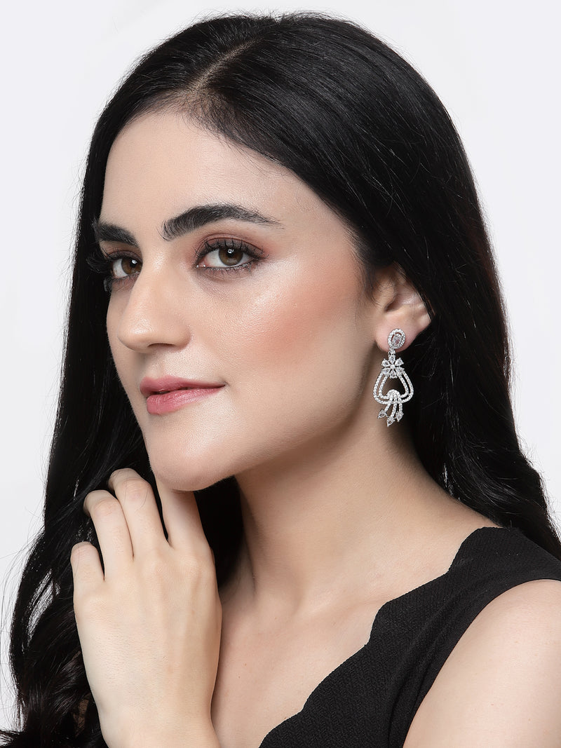 Rhodium-Plated White American Diamond studded Floral Shaped Drop Earrings