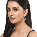 Rhodium-Plated Silver Toned Navy Blue & White American Diamond studded Crescent Shaped Drop Earrings