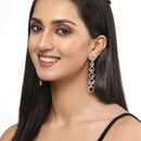 Rhodium-Plated Silver Toned Navy Blue & White American Diamond studded Circular Shaped Drop Earrings