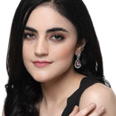 Rhodium-Plated Pink American Diamond studded Teardrop & Leaf Shaped Drop Earrings