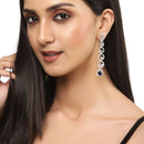 Rhodium-Plated Silver Toned Navy Blue & White American Diamond studded Circular Shaped Drop Earrings