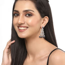 Rhodium-Plated Silver Toned Navy Blue & White American Diamond studded Triangular Shaped Drop Earrings