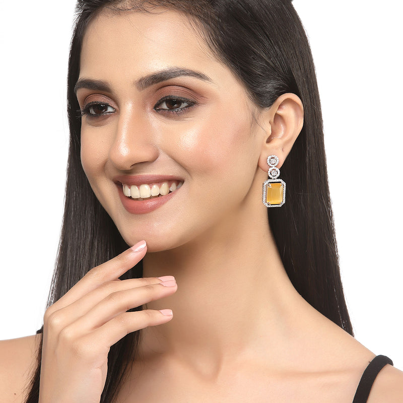 Rhodium-Plated Silver Toned Yellow & White American Diamond studded Geometric Shaped Drop Earrings