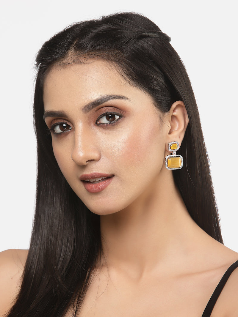 Rhodium-Plated Silver Toned Yellow & White American Diamond studded Square Shaped Drop Earrings