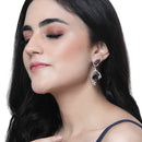 Rhodium-Plated Navy Blue American Diamond studded Square & Leaf Shaped Drop Earrings