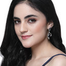 Rhodium-Plated Navy Blue American Diamond studded Square & Leaf Shaped Drop Earrings