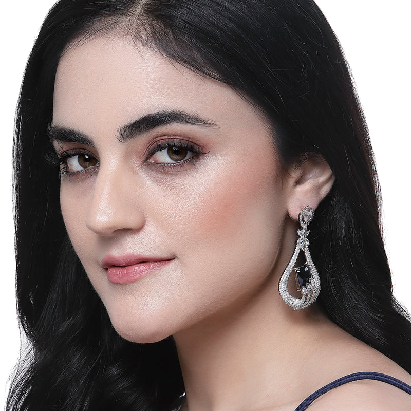 Rhodium-Plated Navy Blue American Diamond studded Handcrafted Quirky Shaped Drop Earrings