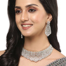 Rhodium-Plated Silver Toned Sea Green American Diamond Choker Necklace with Earrings Jewellery Set