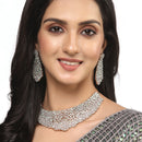 Rhodium-Plated Silver Toned Sea Green American Diamond Choker Necklace with Earrings Jewellery Set