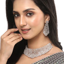 Rhodium-Plated Silver Toned White American Diamond Choker Necklace with Earrings Jewellery Set