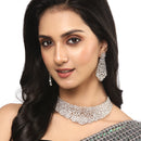 Rhodium-Plated Silver Toned White American Diamond Choker Necklace with Earrings Jewellery Set