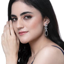 Rhodium-Plated Navy Blue American Diamond studded Teardrop & Leaf Shaped Drop Earrings