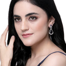Rhodium-Plated Navy Blue American Diamond studded Teardrop & Leaf Shaped Drop Earrings