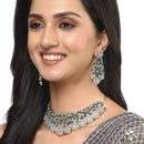 Rhodium-Plated Silver Toned Green American Diamond Choker Necklace with Earrings Jewellery Set