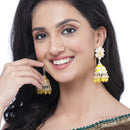 Gold-Plated Yellow & White Kundan-Pearls studded Crescent Shaped Hand Painted Jhumka Earrings