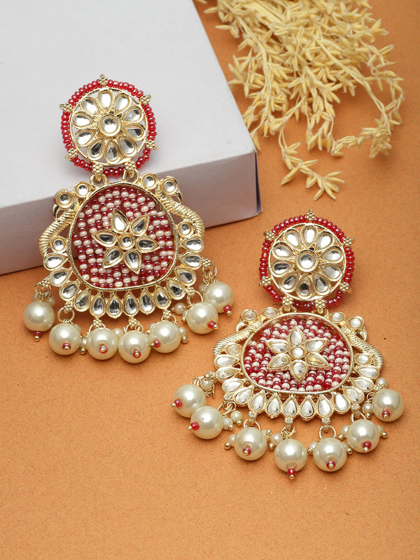 Gold-Plated Red Beads White Pearls & Kundan studded Handcrafted Peacock Shaped Drop Earrings