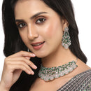 Rhodium-Plated Silver Toned Green American Diamond Choker Necklace with Earrings Jewellery Set
