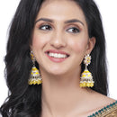 Gold-Plated Yellow & White Kundan-Pearls studded Crescent Shaped Hand Painted Jhumka Earrings