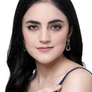 Rhodium-Plated Navy Blue American Diamond studded Teardrop & Leaf Shaped Drop Earrings