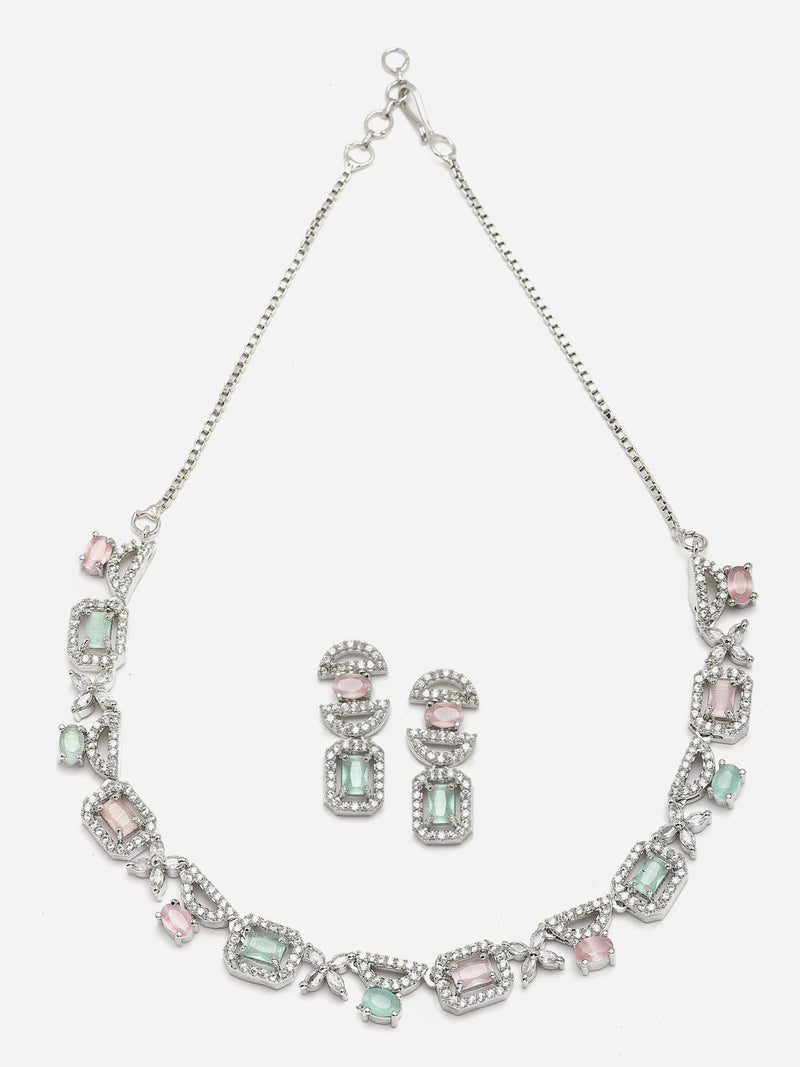 Rhodium-Plated Pink & Sea Green American Diamonds Studded Boxy Necklace & Earrings