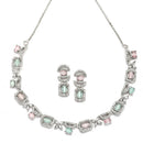 Rhodium-Plated Pink & Sea Green American Diamonds Studded Boxy Necklace & Earrings