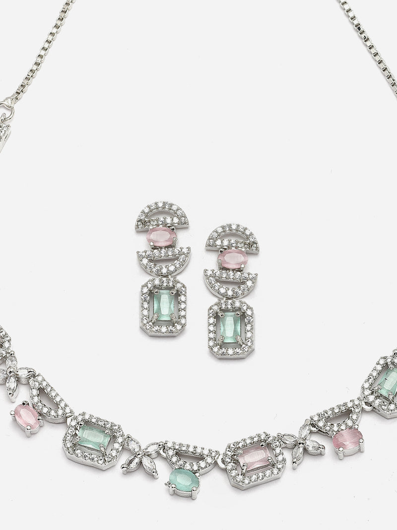 Rhodium-Plated Pink & Sea Green American Diamonds Studded Boxy Necklace & Earrings