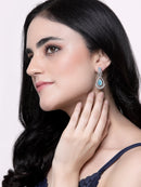 Rhodium-Plated Sky Blue American Diamond studded Teardrop & Leaf Shaped Drop Earrings
